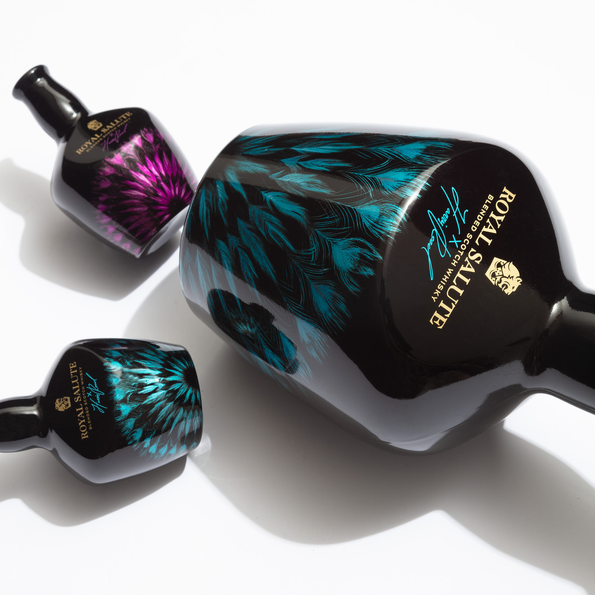 Royal Salute Fashion Collection — Harris Reed peacock feather design, full-body sublimation on whisky bottle