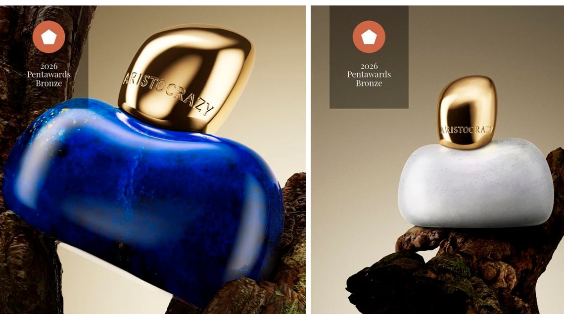 Aristocrazy Lapis Lazuli and Moonstone flacons, decorated by ATIU, with the Pentawards 2026 Bronze badge