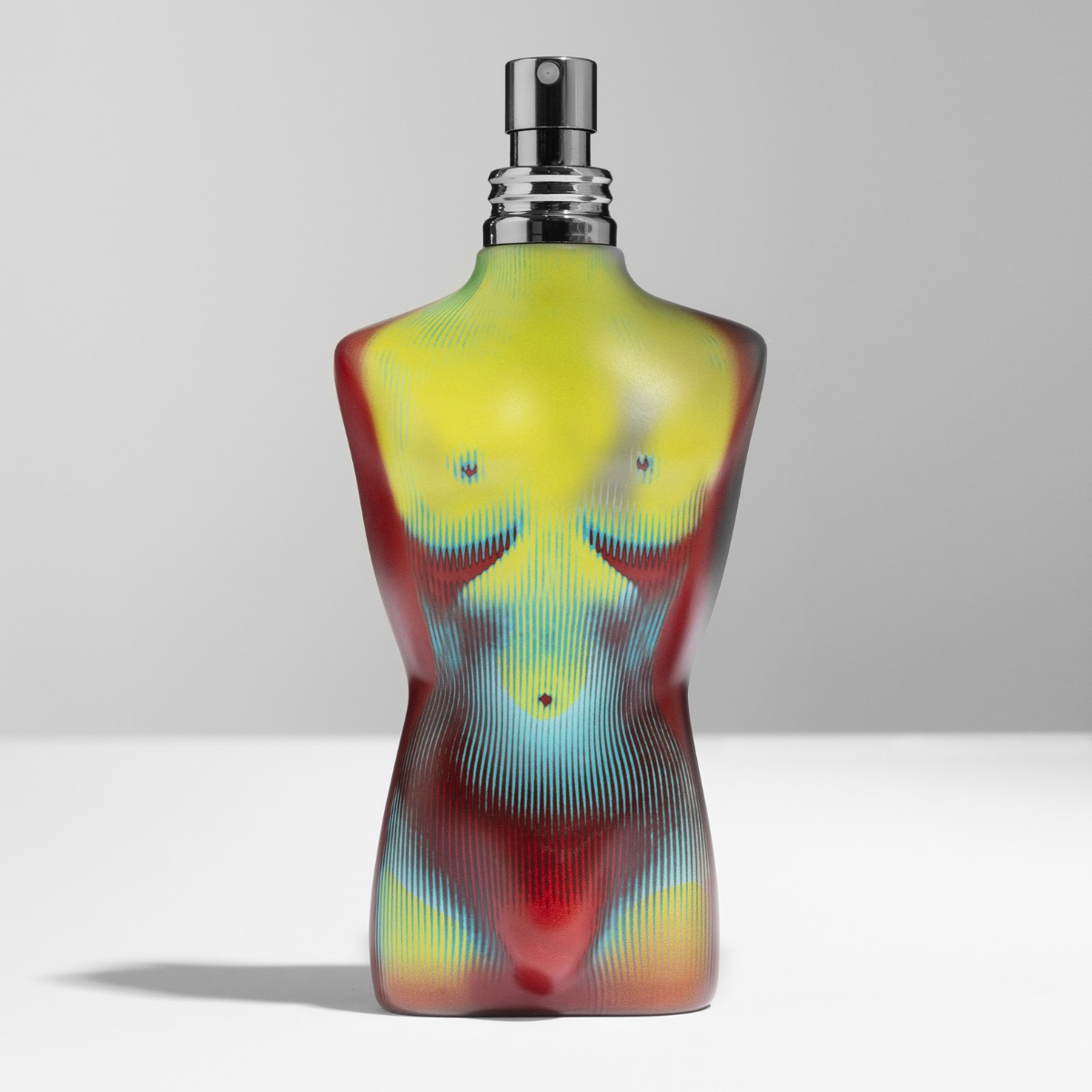 Op-art artwork on white matte primer, sculpted flacon